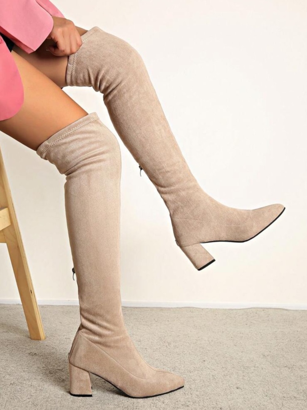 Beige Over-The-Knee Suede Boots – Chunky Heel Thigh High Boots - 9.5 - Picture 4 of 6